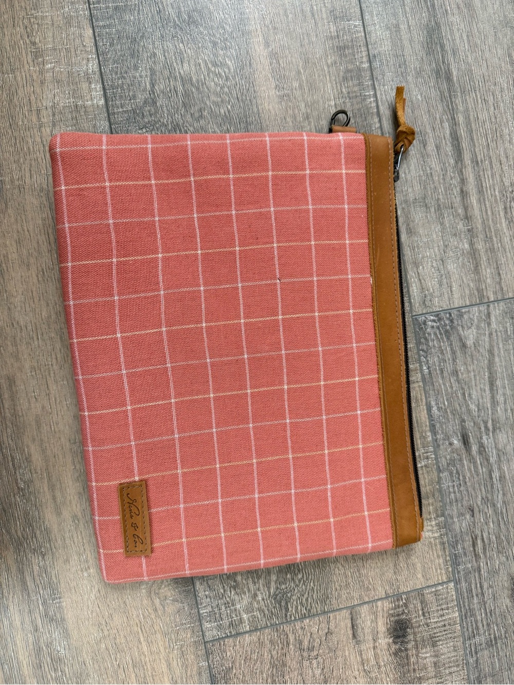Nena & Co. Coral Grid Canvas Zip Pouch with Tan Trim